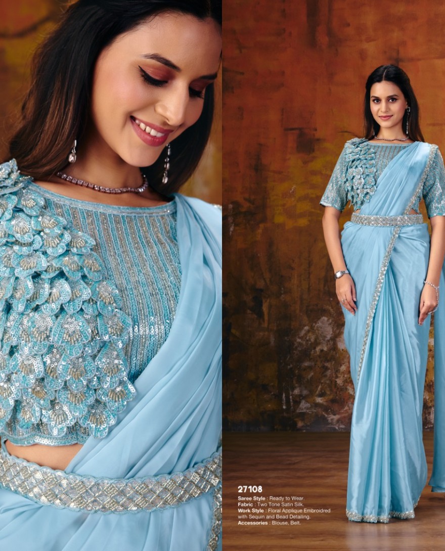 27108 - Firozi Blue Embroidered Wedding Party Designer Saree
